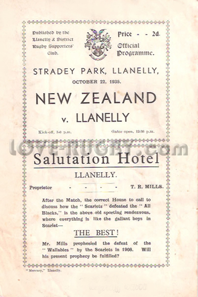 1935 Llanelli v New Zealand  Rugby Programme
